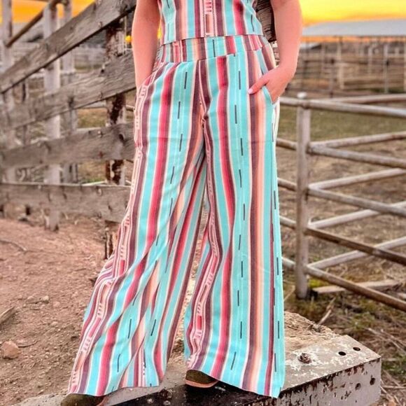 Western Serape Striped Print Palazzo Wide Leg Rodeo Ready Boho Pants - Picture 2 of 6